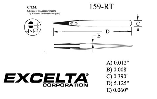 Excelta 159-RT Straight Fine Soft Replaceable .012in. Tip 5in. Carbofib Tweezer specs